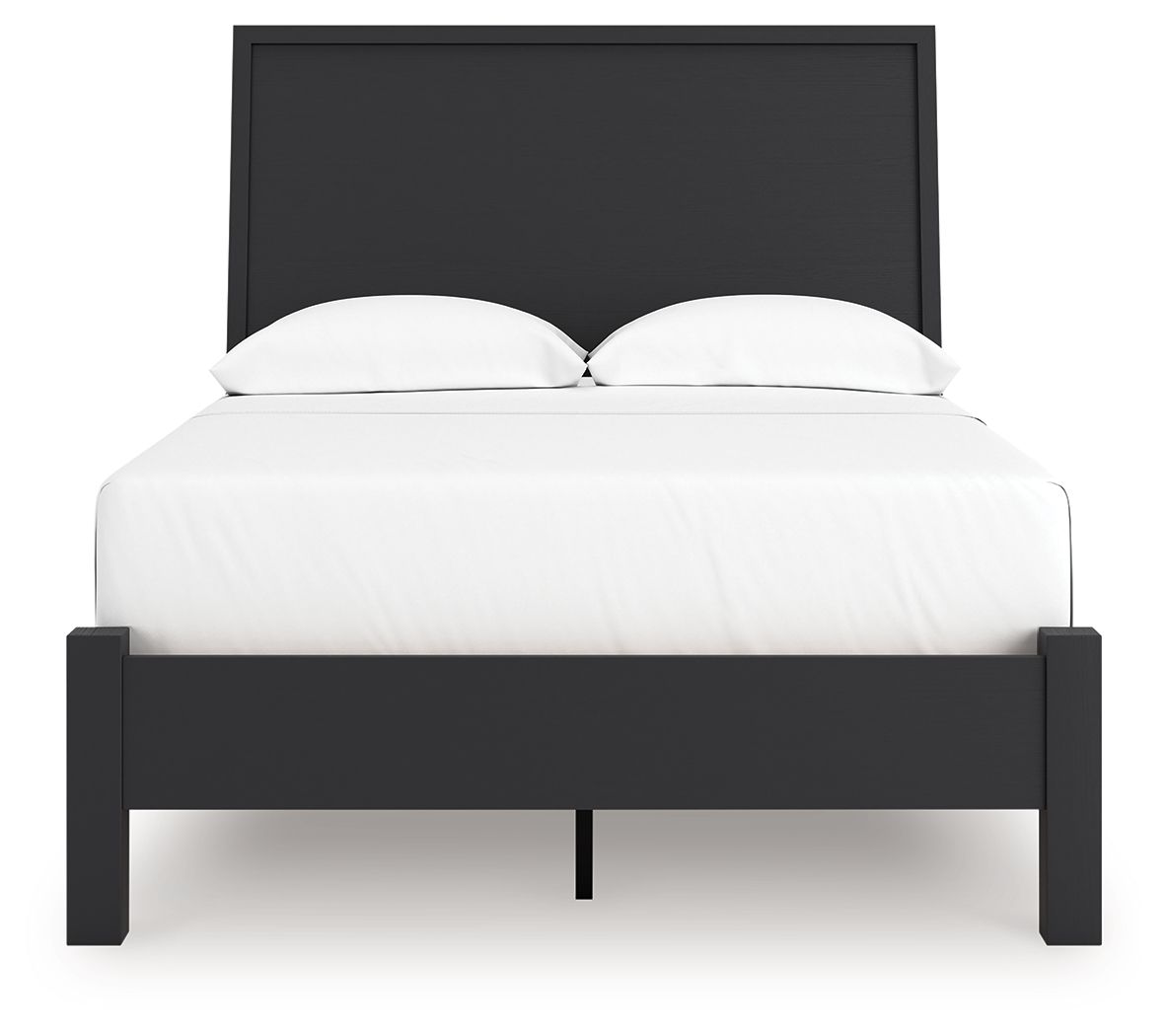 Black full panel bed with low footboard, tall headboard, white mattress and two pillows