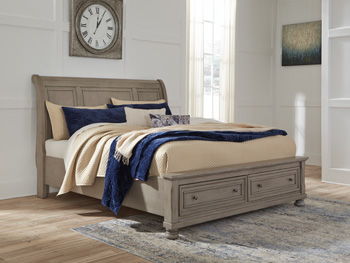 Light gray Cal King bed rails with roll-slat platform, low panel and foot drawers