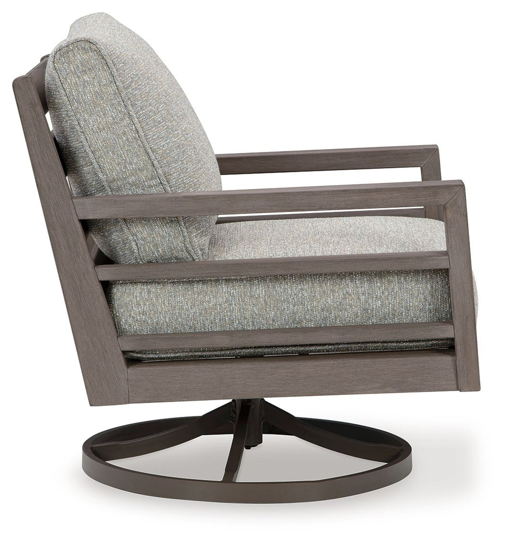 Gray fabric swivel lounge chair with padded back and seat, visible arm and frame
