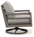 Gray fabric swivel lounge chair with padded back and seat, visible arm and frame