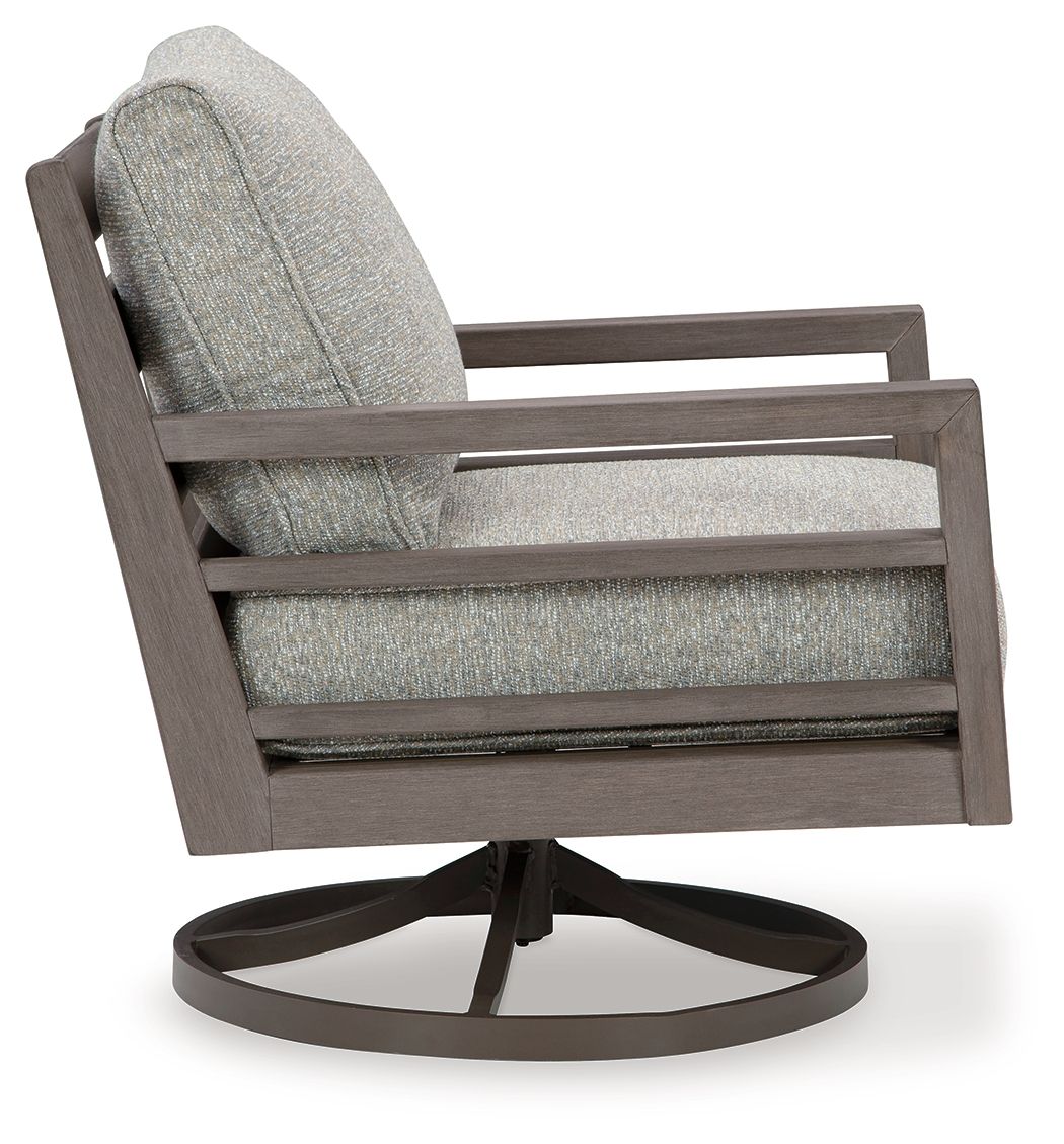 Gray fabric swivel lounge chair with padded back and seat, visible arm and frame