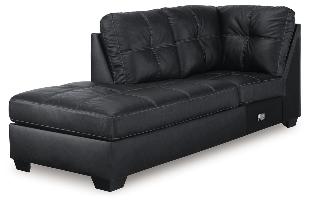 Dark carbon corner chaise with tufted back cushions and square armrests
