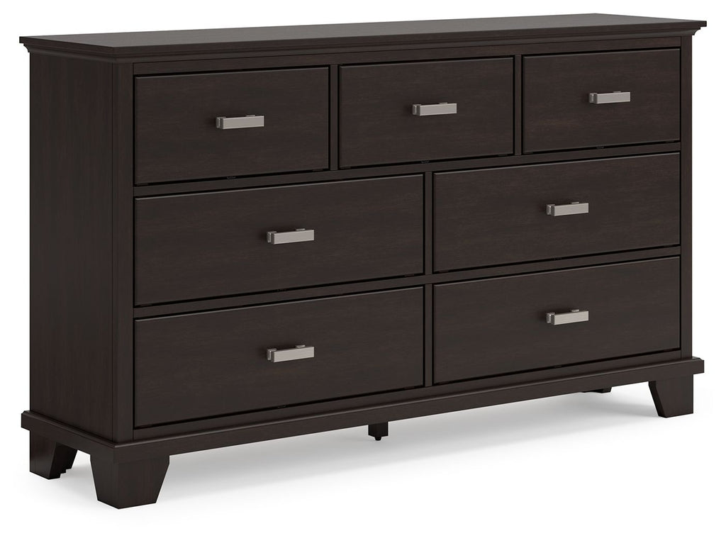 Dark brown dresser with six drawers and silver bar pulls, solid wood look
