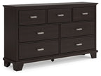 Dark brown dresser with six drawers and silver bar pulls, solid wood look