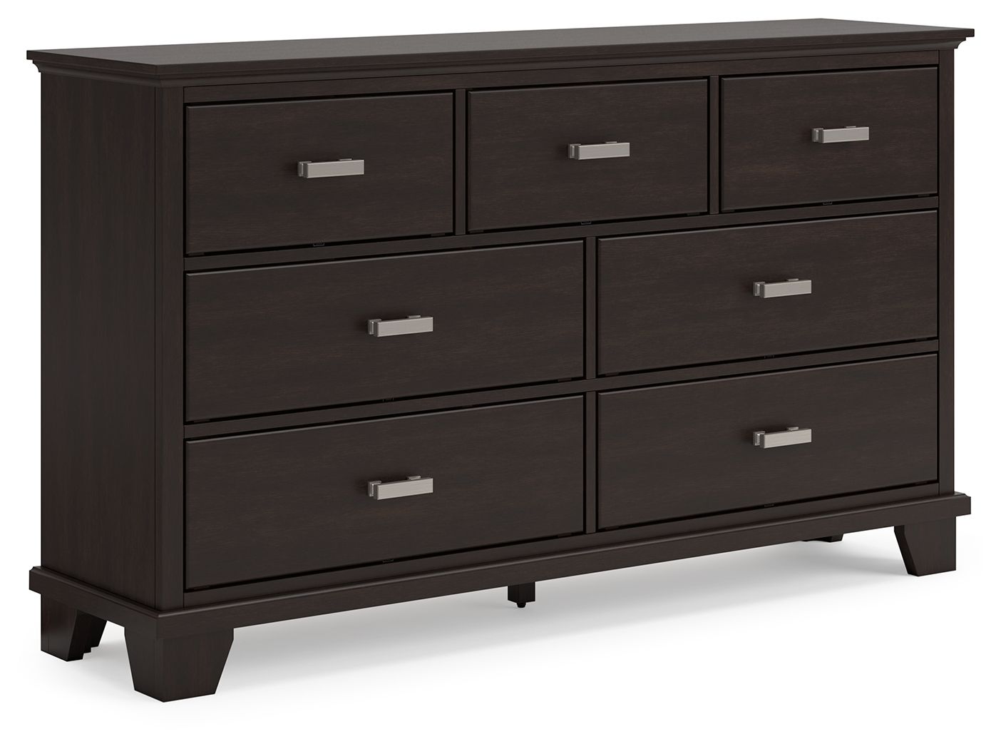 Dark brown dresser with six drawers and silver bar pulls, solid wood look