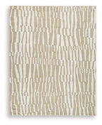 Corrbell beige rug with abstract line pattern and simple border.