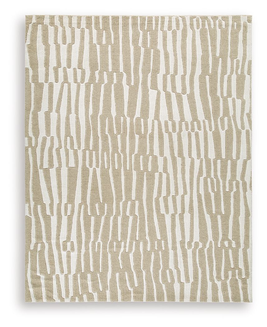 Corrbell beige rug with abstract line pattern and simple border.
