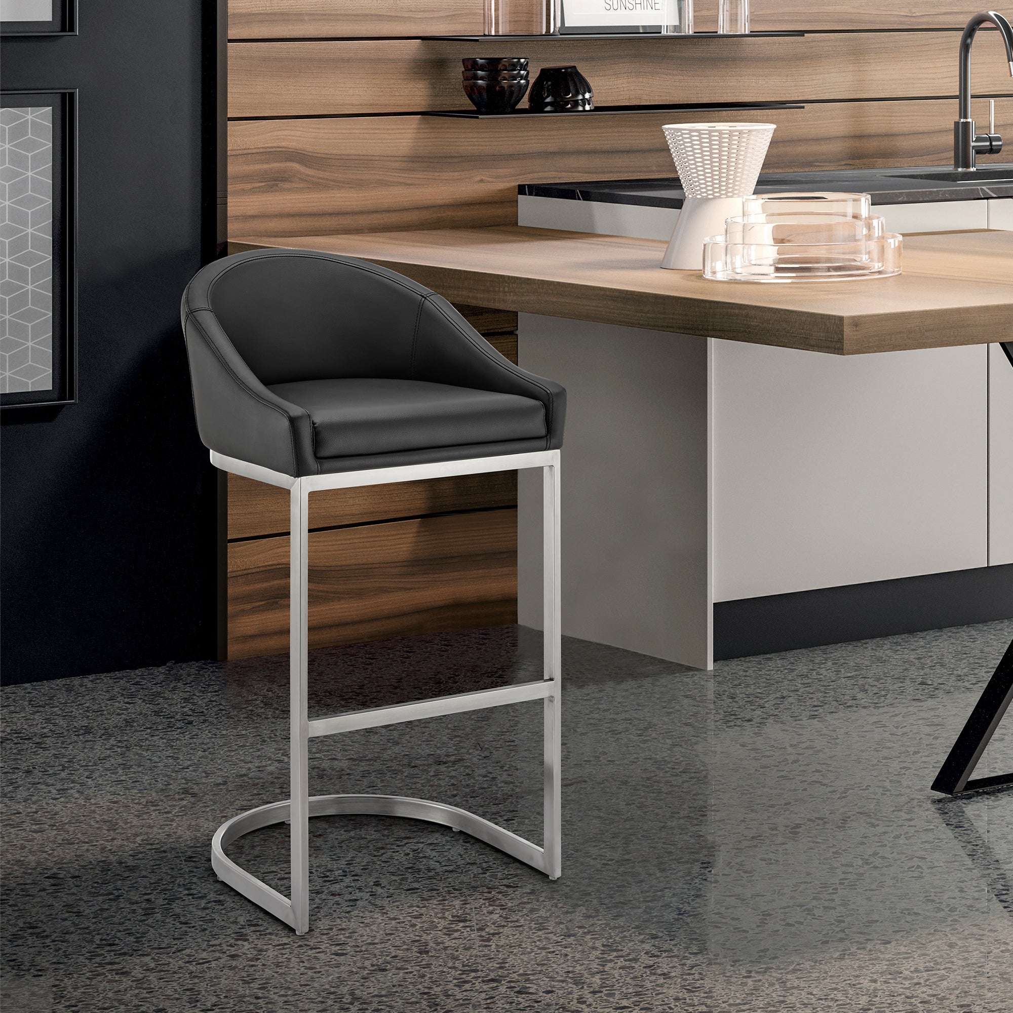 Zevrin Bar Stool: Brushed Steel, Black Faux Leather