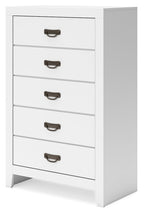 White five-drawer chest with five drawers and dark curved handles, side view