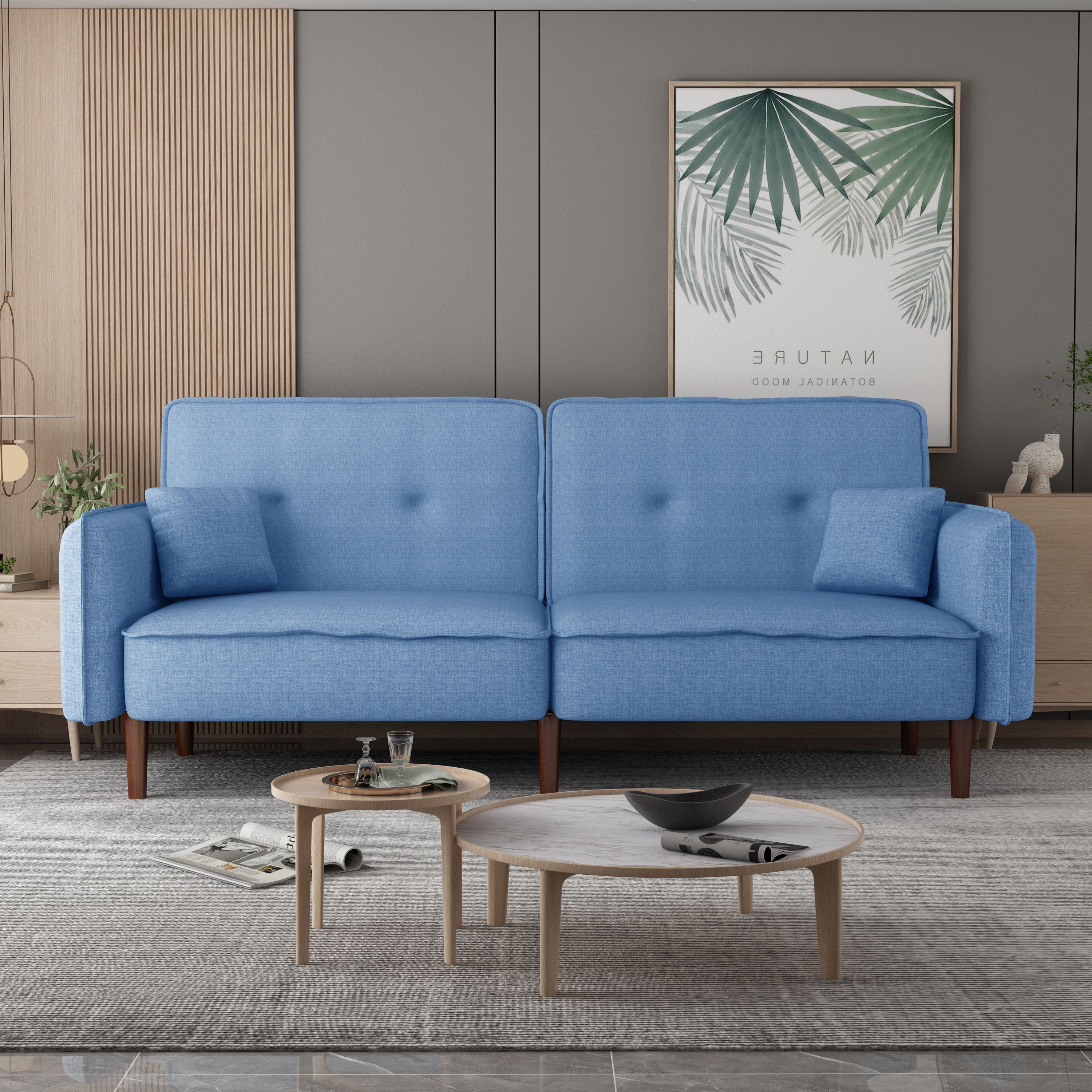 Bed Room Leisure Futon Sofa Bed In Blue Fabric With Solid Wood Leg