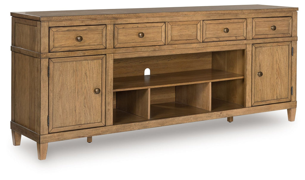 Light brown wooden TV stand with fireplace insert, two cabinet doors, open shelving