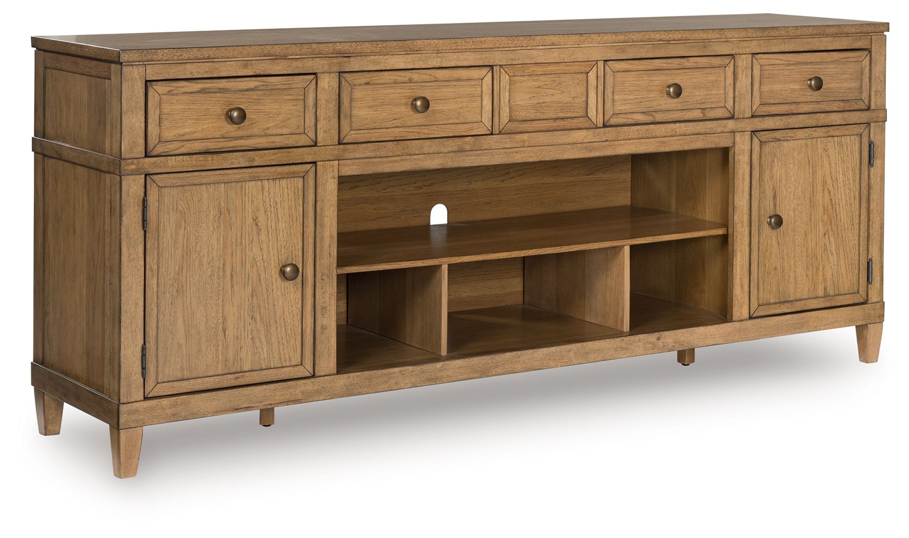 Light brown wooden TV stand with fireplace insert, two cabinet doors, open shelving