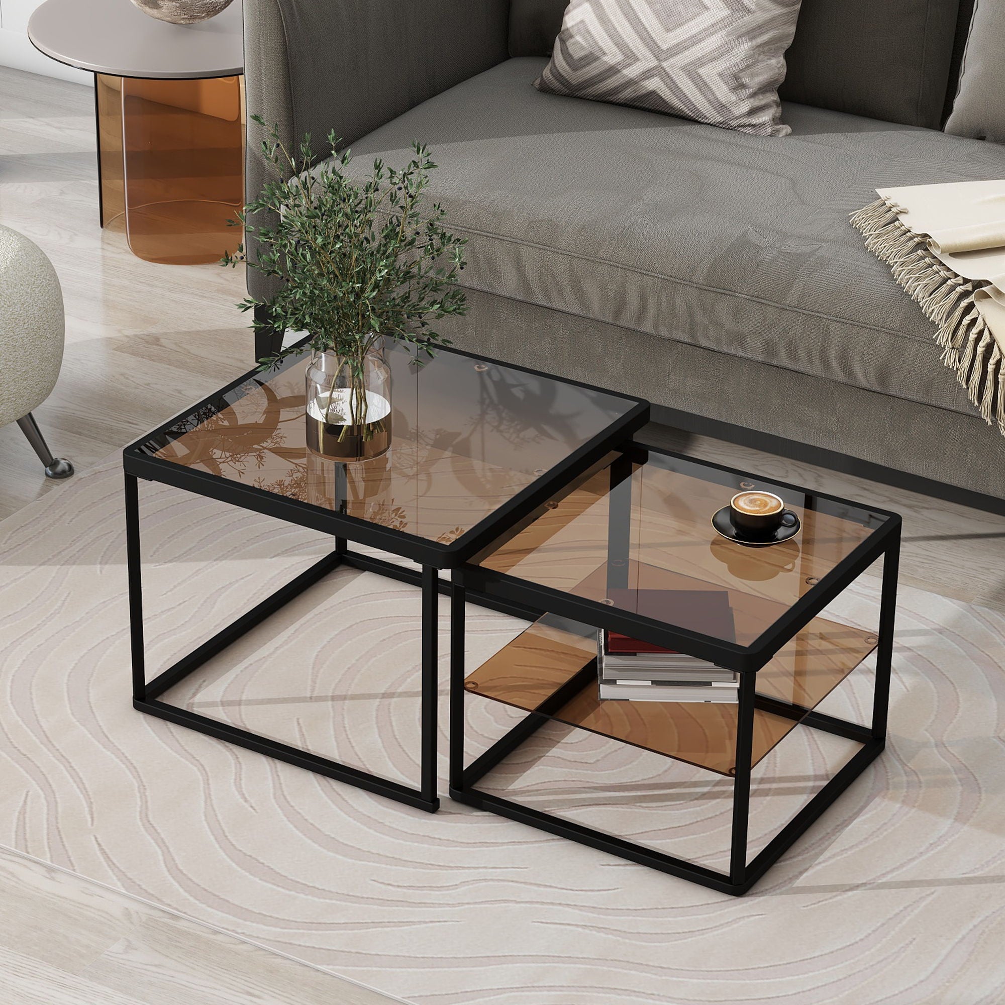 On-Trend Modern Nested Coffee Table Set With High-Low Combination Design, Brown Tempered Glass Cocktail Table With Metal Frame, Length Adjustable 2-Tier Center & End Table For Living Room, Black