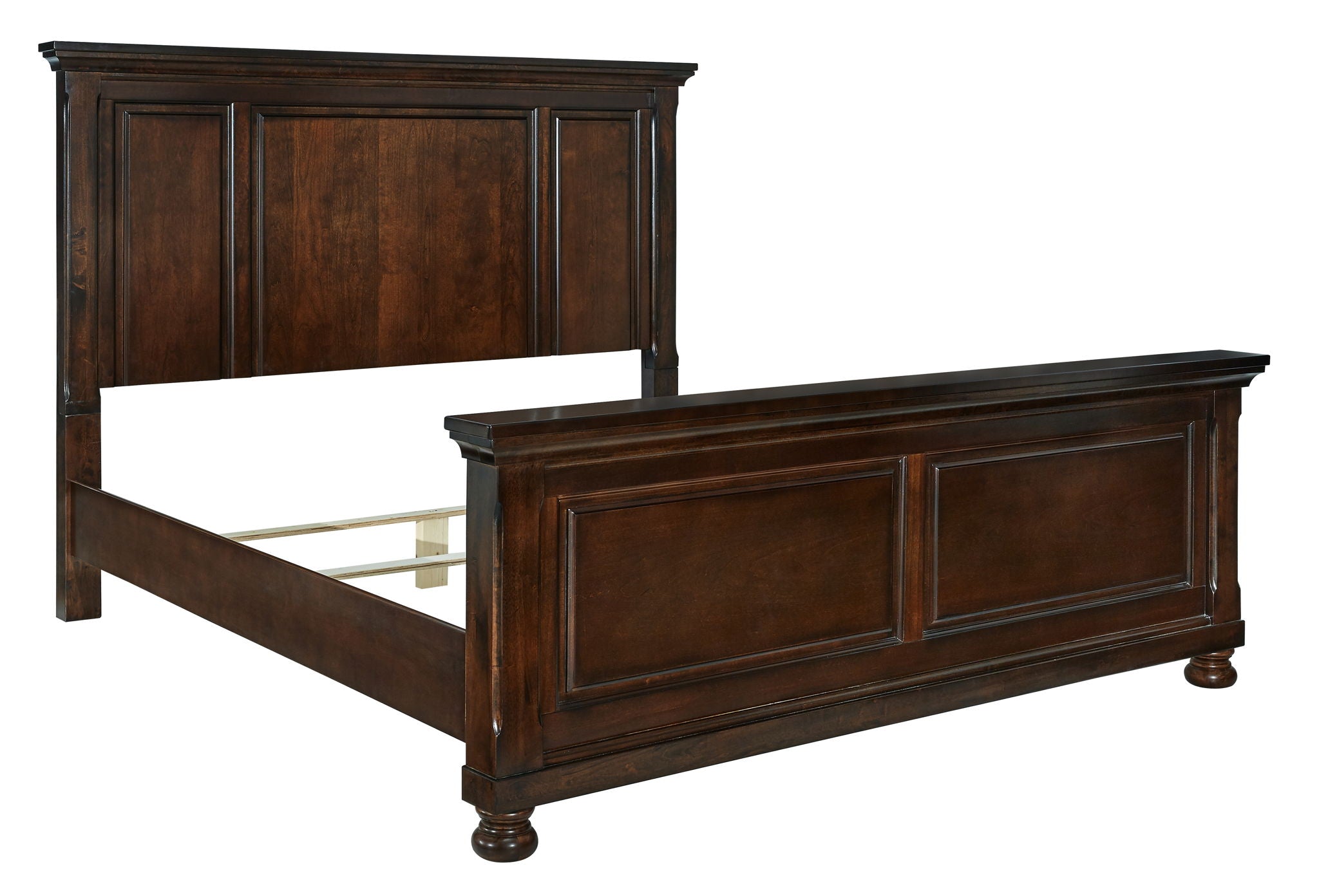 Dark brown panel bed frame with paneled headboard, low footboard, turned bun feet