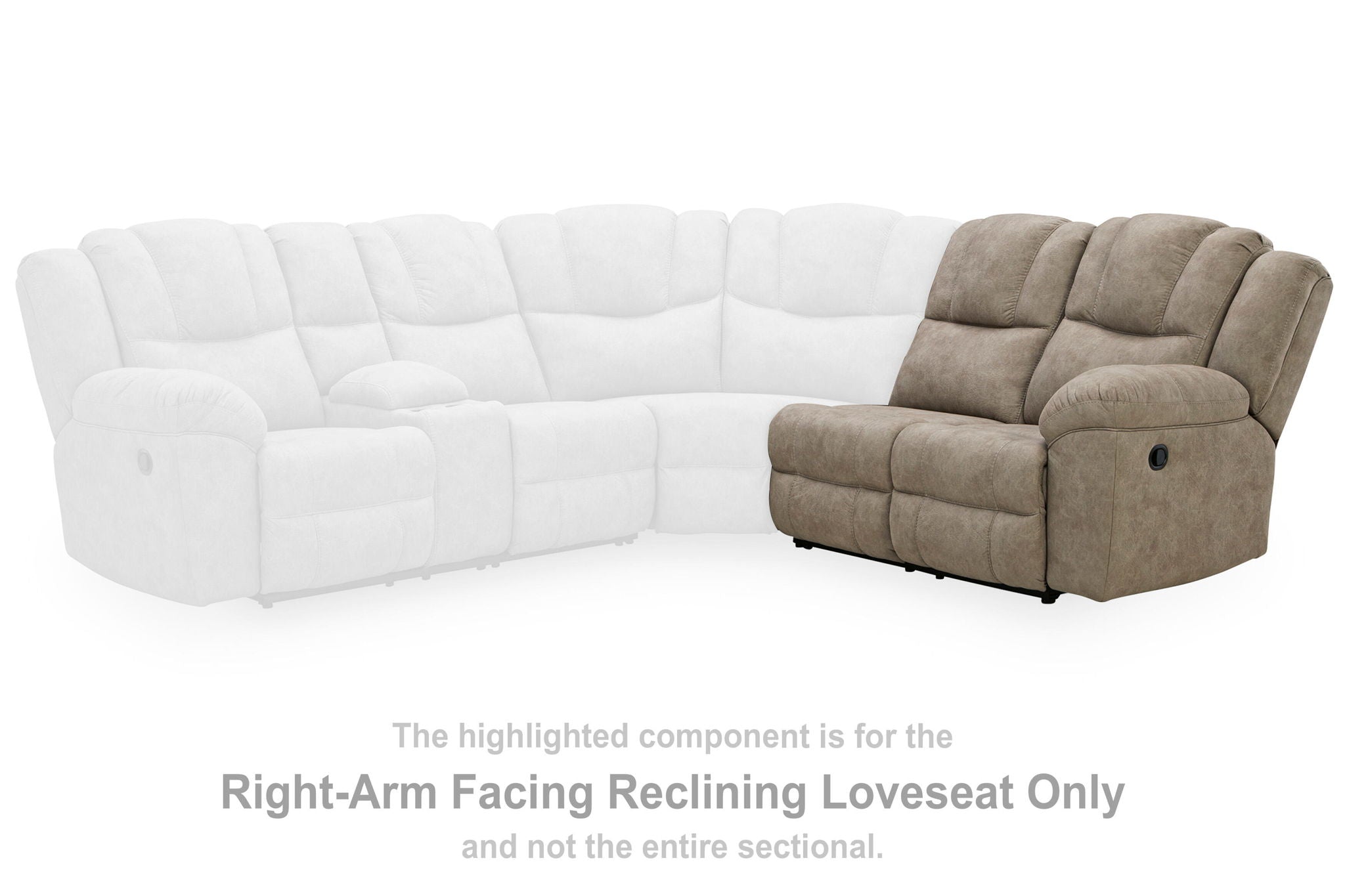 Reclining loveseat with right-arm facing recliner position, beige upholstery