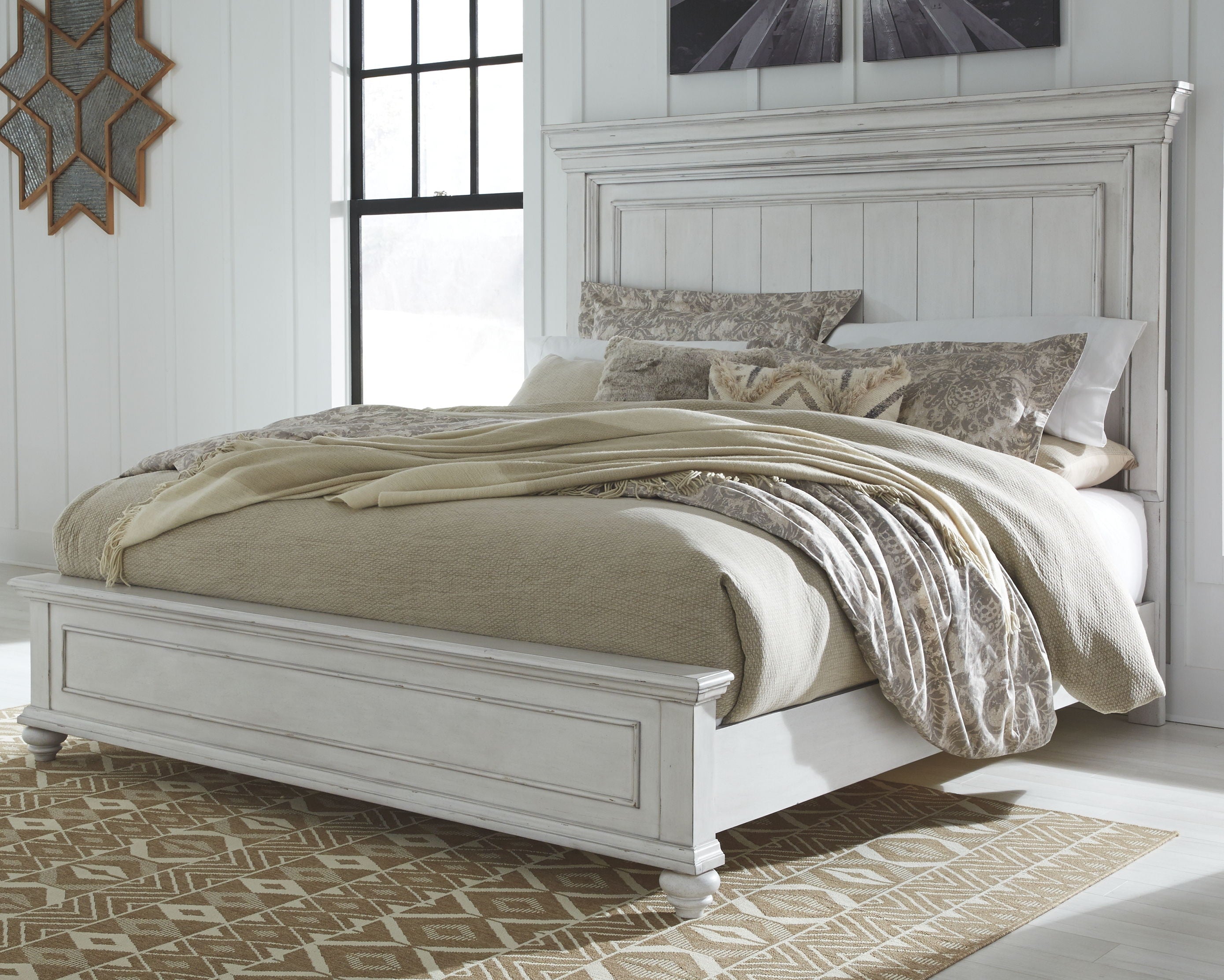 Panel bedroom set bed frame with panel headboard and side rails, white finish