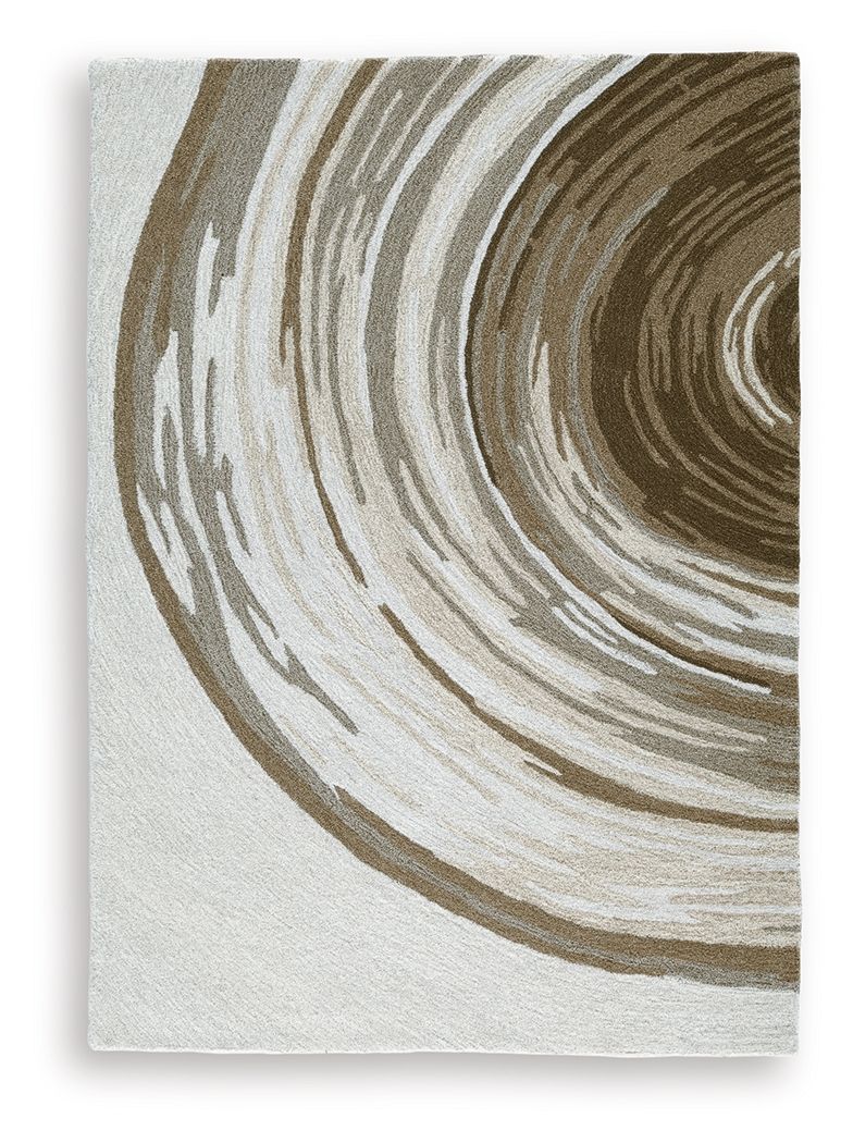 Rug corner with dark brown and cream curved stripe pattern, textured low pile