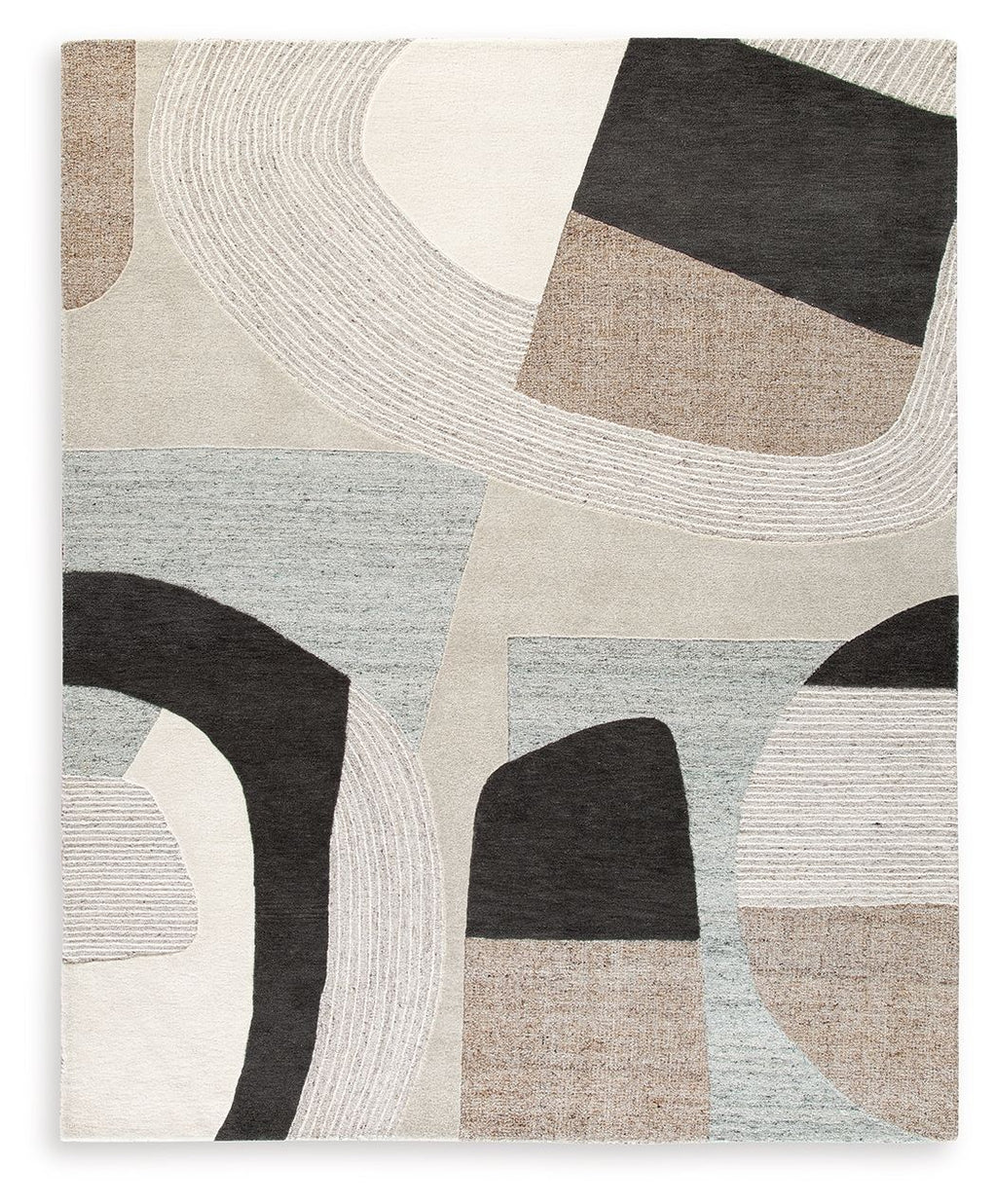 Beige area rug with abstract blocks and concentric wavy lines in dark gray and light blue