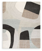 Beige area rug with abstract blocks and concentric wavy lines in dark gray and light blue