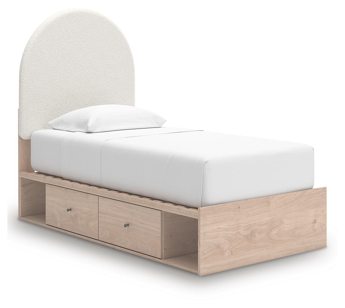 Beige upholstered panel bed with white mattress, arched headboard, and two under-bed drawer storage