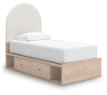 Beige upholstered panel bed with white mattress, arched headboard, and two under-bed drawer storage