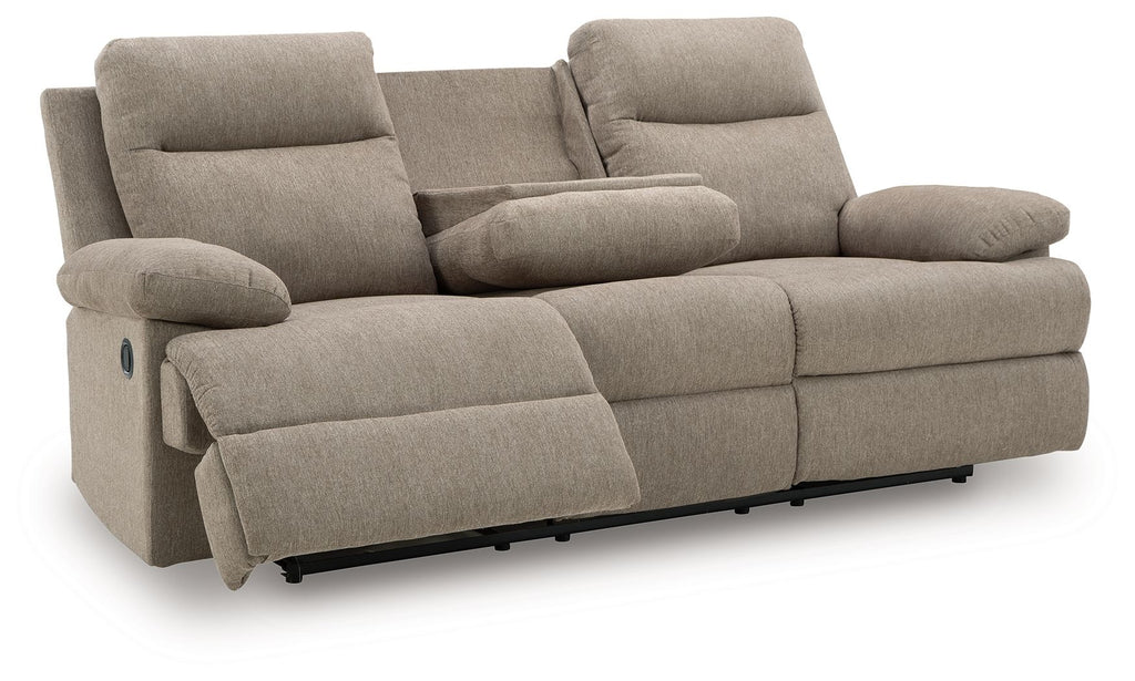 Beige reclining sofa with chaise-style seating and plush rounded armrests