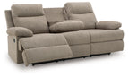 Beige reclining sofa with chaise-style seating and plush rounded armrests