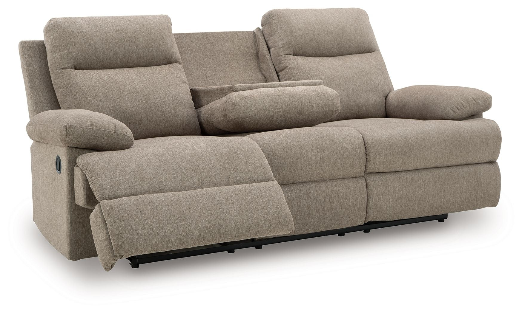 Beige reclining sofa with chaise-style seating and plush rounded armrests