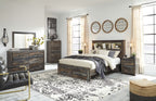 Panel bookcase bed with dark wood frame, white bedding, and side drawer storage