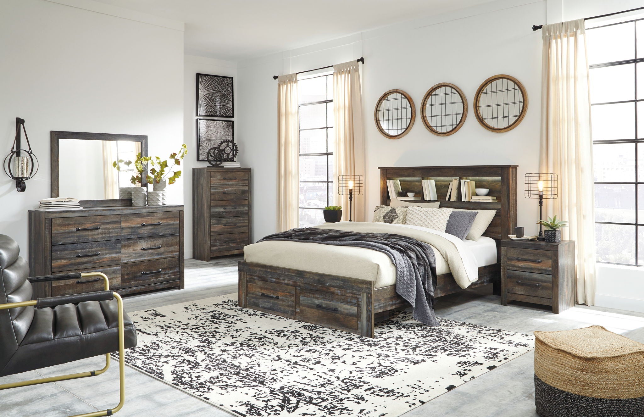 Panel bookcase bed with dark wood frame, white bedding, and side drawer storage