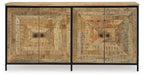 Brown accent cabinet with four panel doors and black metal legs