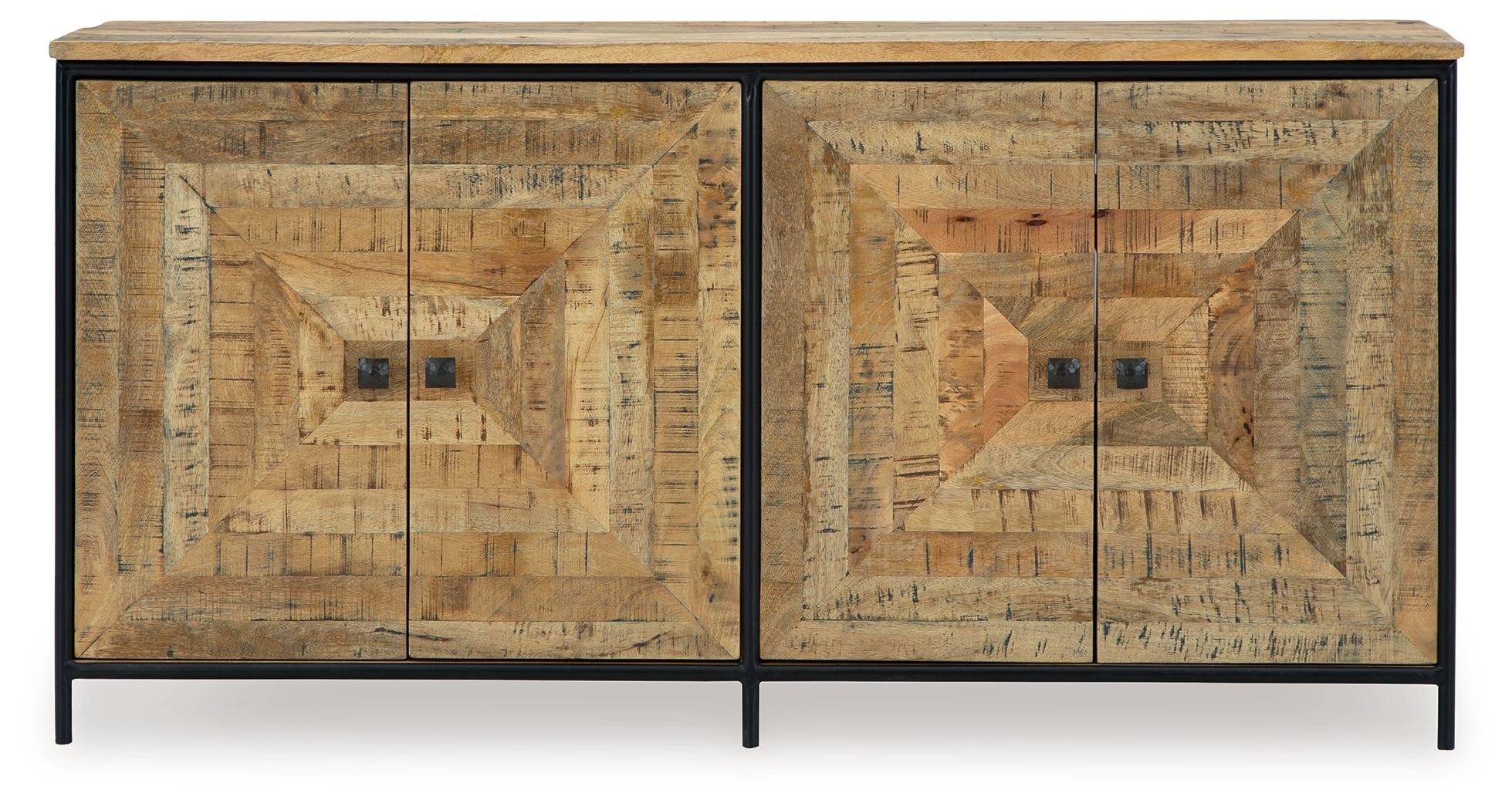 Brown accent cabinet with four panel doors and black metal legs