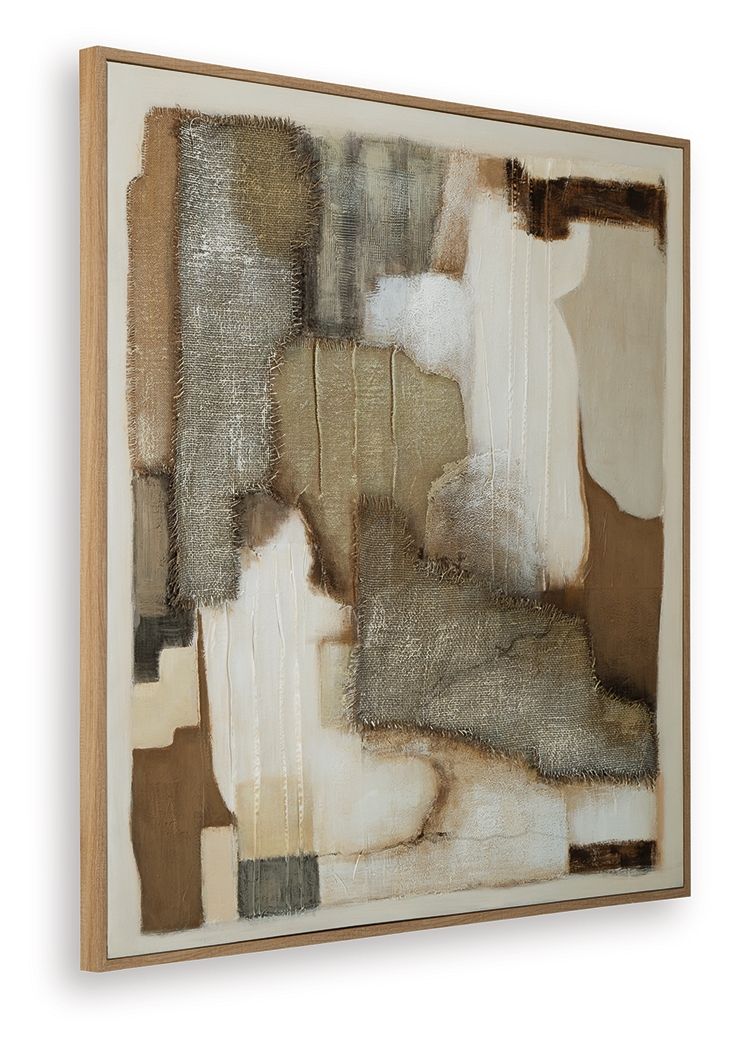 Framed abstract wall art with vertical textured bands in gray, tan, and white