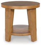 Kristiland light brown round end table with smooth tabletop and recessed lower shelf