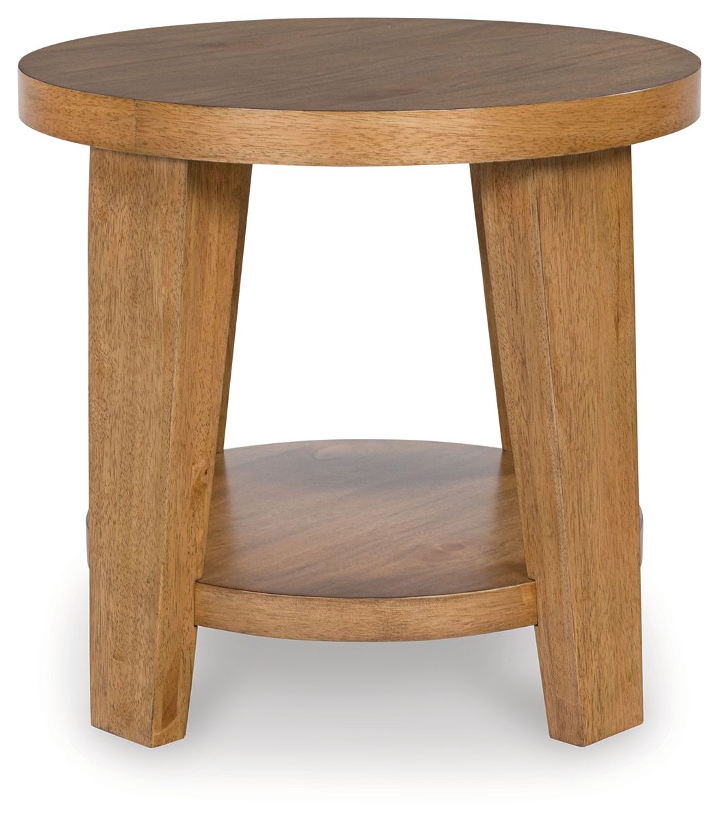 Kristiland light brown round end table with smooth tabletop and recessed lower shelf