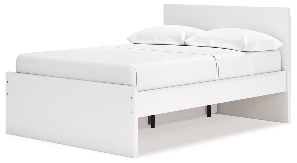 White panel platform bed with headboard, curved foot panel, and black support legs.