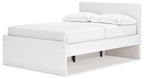 White panel platform bed with headboard, curved foot panel, and black support legs.