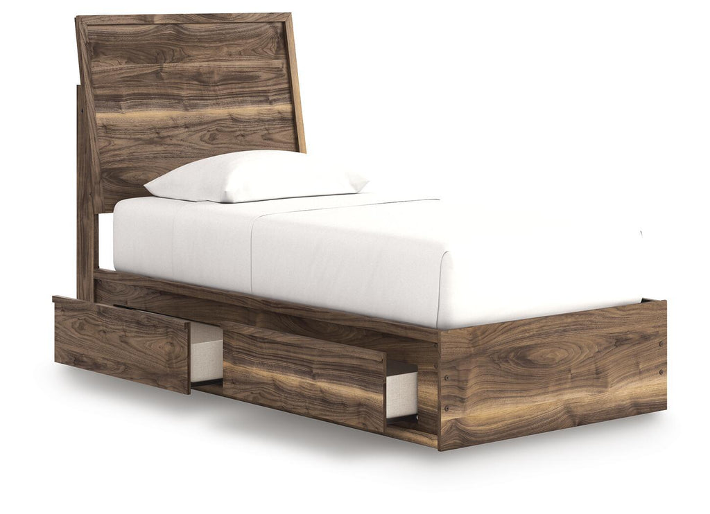 Dark brown panel bed with built-in storage drawers and white mattress