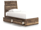 Dark brown panel bed with built-in storage drawers and white mattress