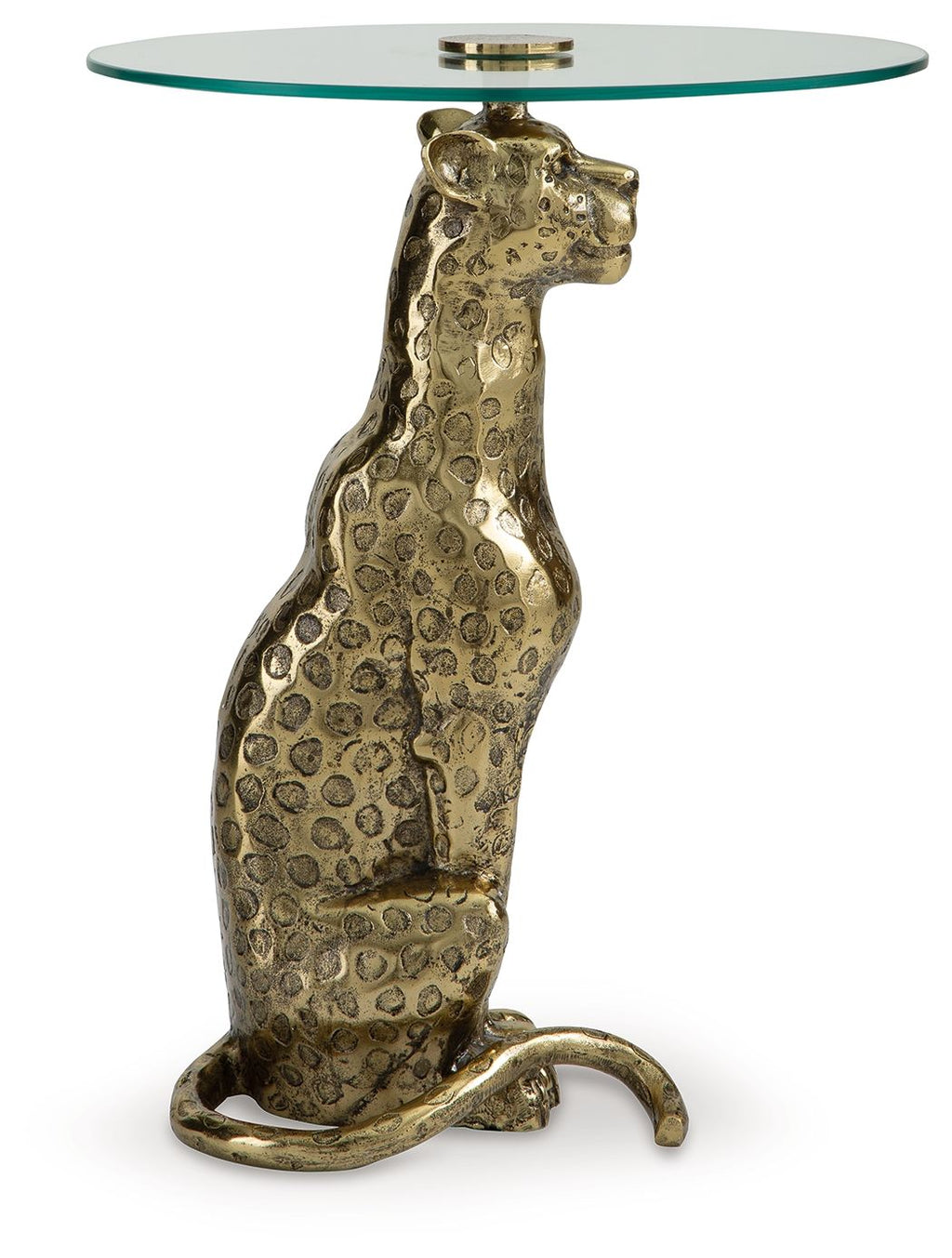 Accent table with round glass top and antique gold standing animal sculpture base