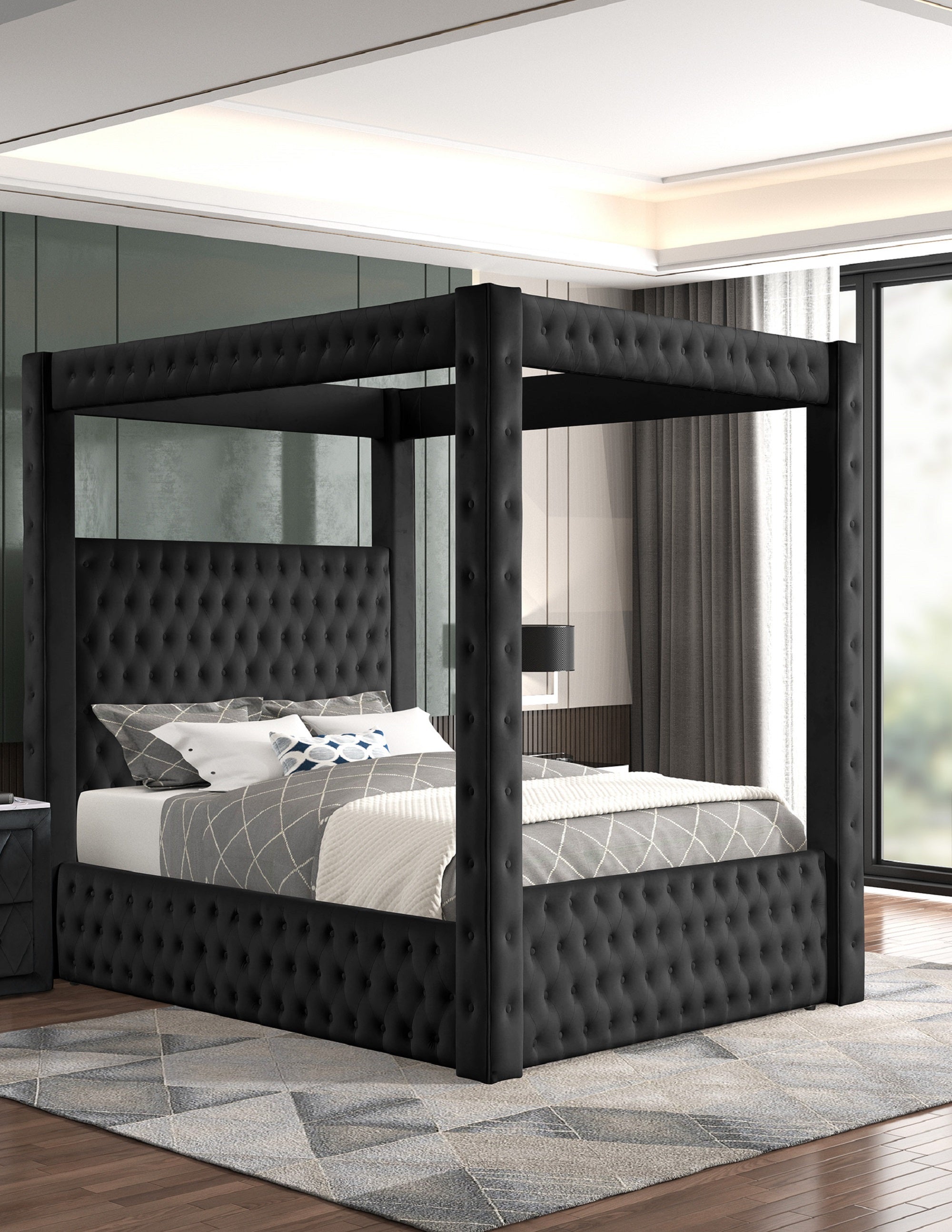 Modern Black Velvet Tufted Queen Canopy Four-Poster Bed
