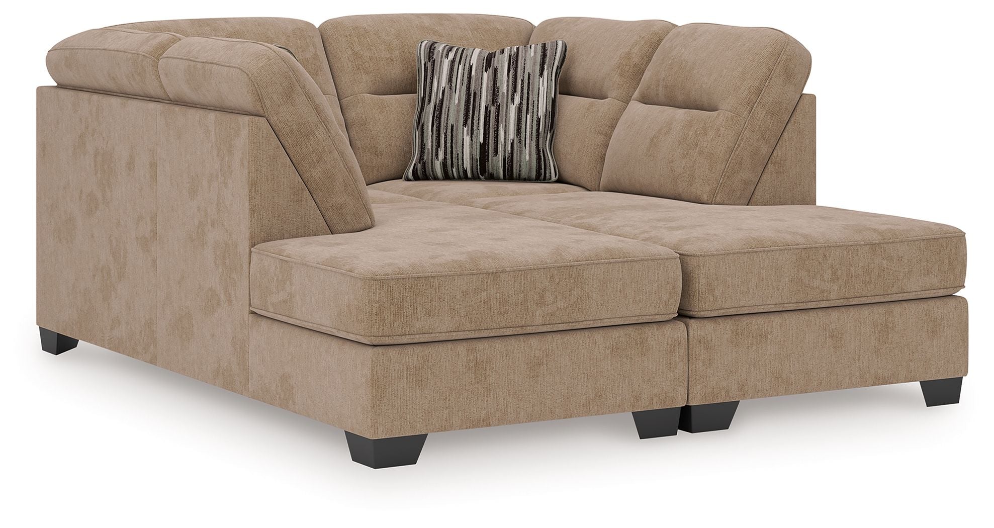 Mocha sectional sofa with left-facing chaise, tufted back cushions and patterned throw pillow
