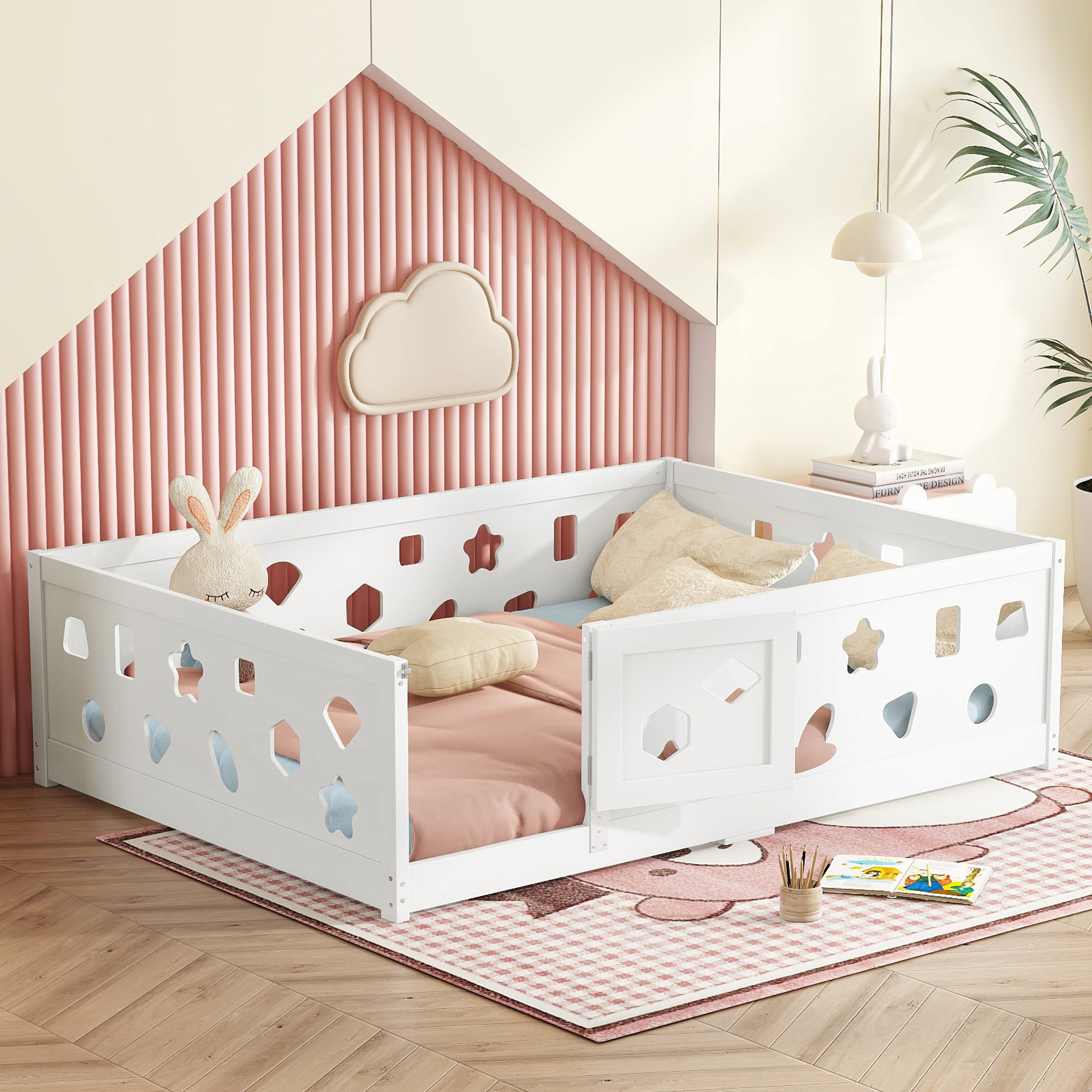 Full Size Floor Bed with Guardrails & Door for Kids Bedroom White