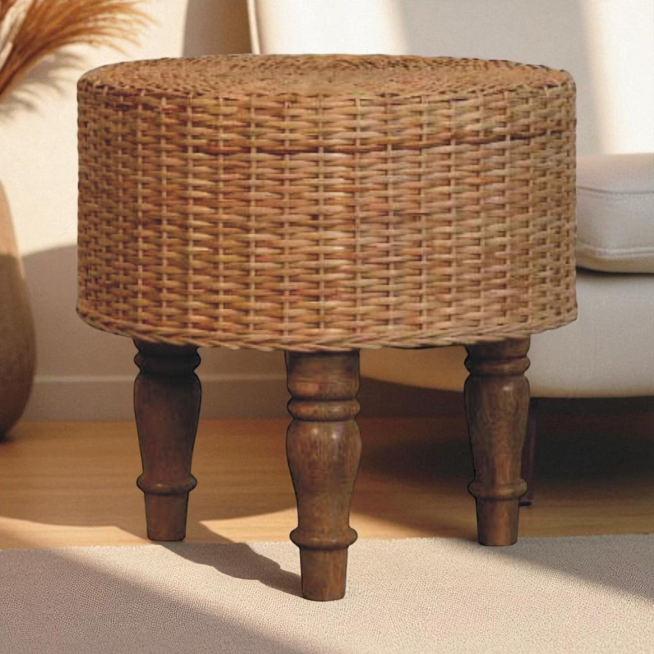 Brown Solid Wood Regency Round Woven Stool