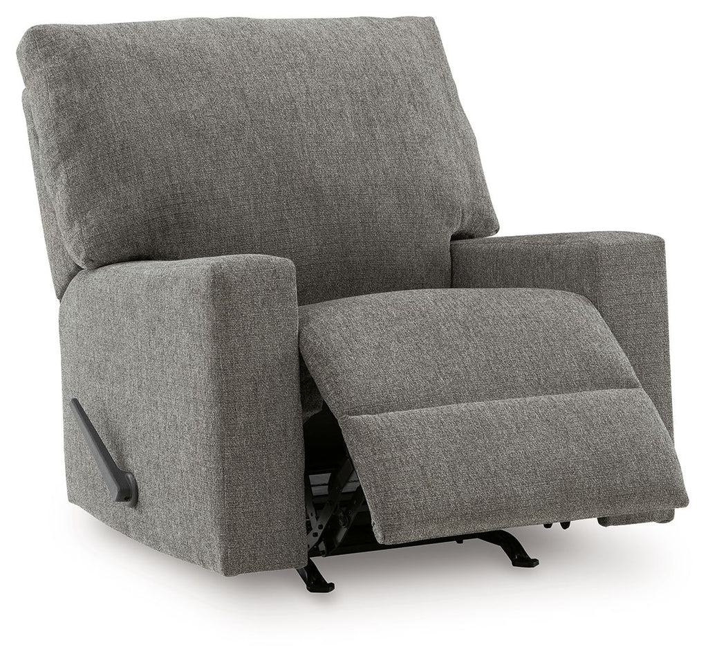 Gray rocking recliner chair with open footrest and padded armrests