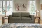 Olive green fabric sofa with two back cushions and square arms