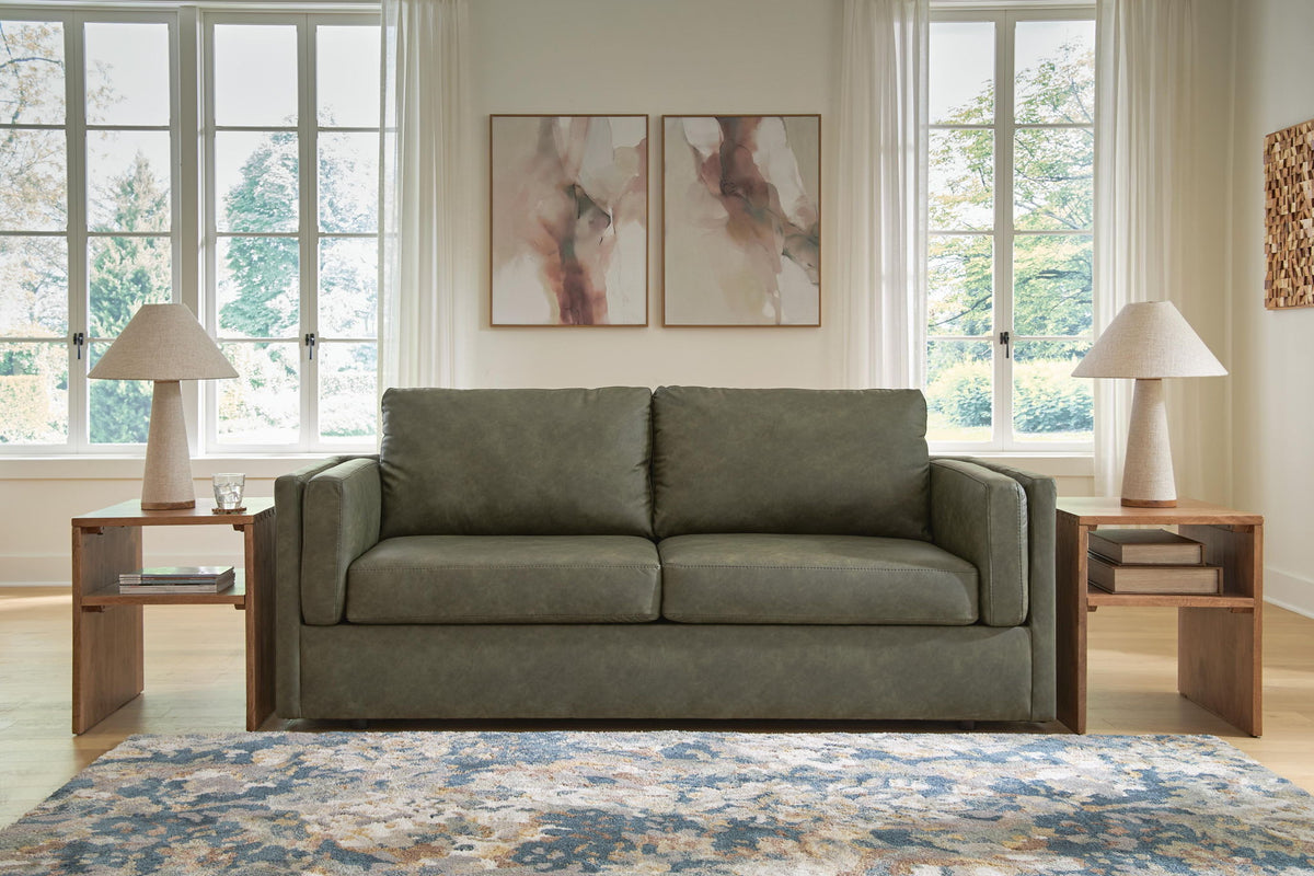 Olive green fabric sofa with two back cushions and square arms