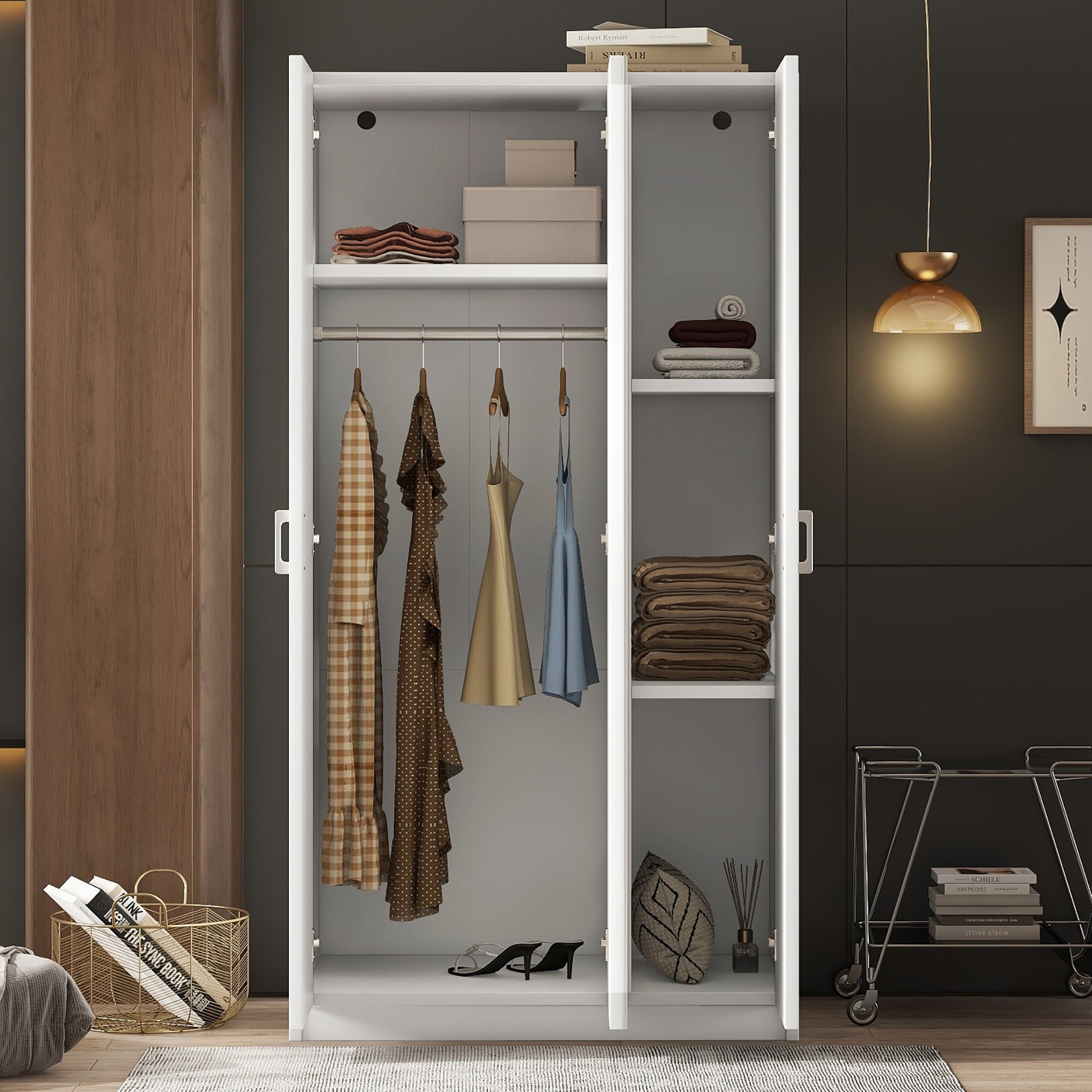 3 Door Wardrobe w/ Mirror, Hanging Rod, White