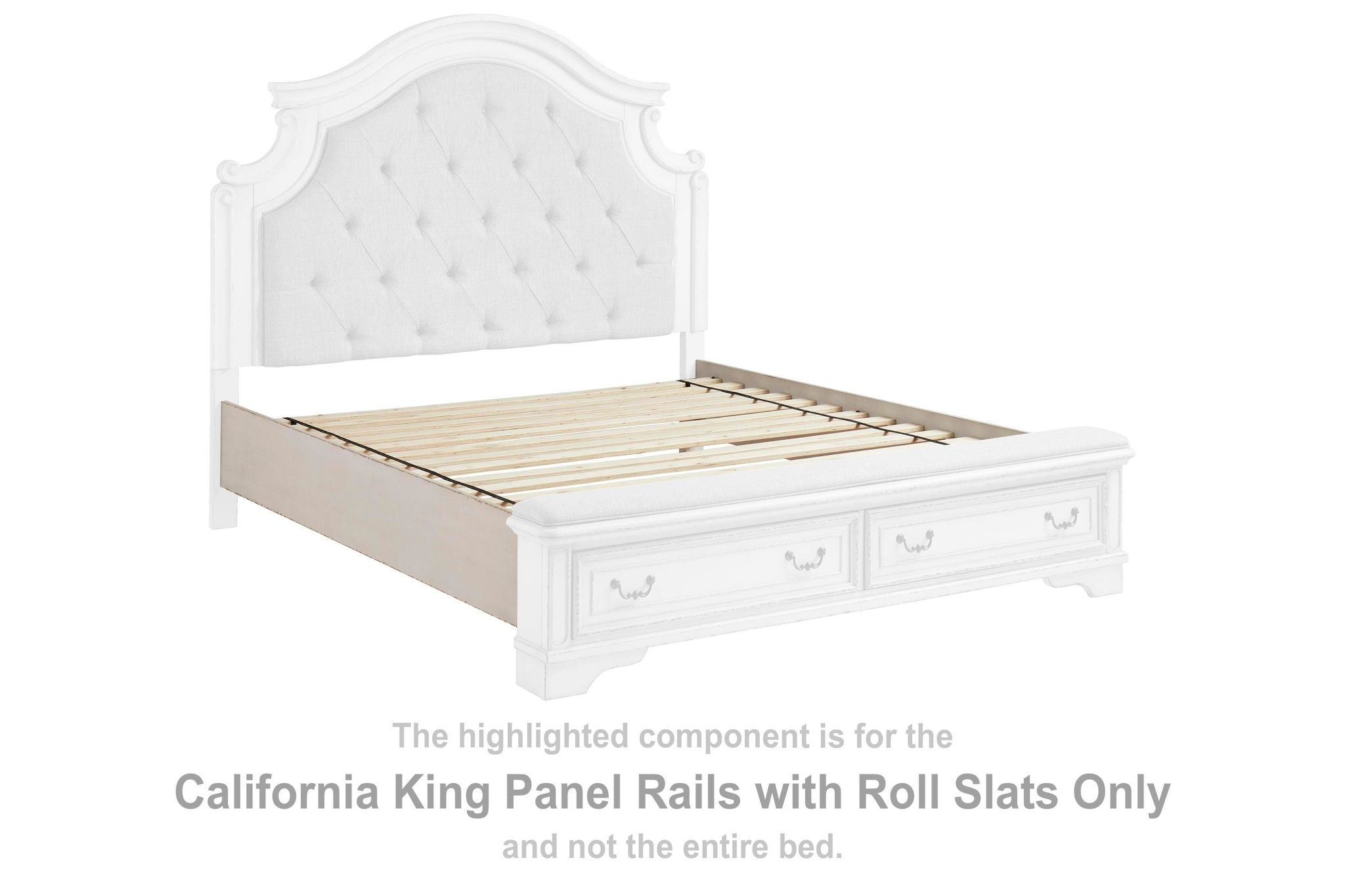 Chipped white California king bed panel rails with roll slats, wooden frame