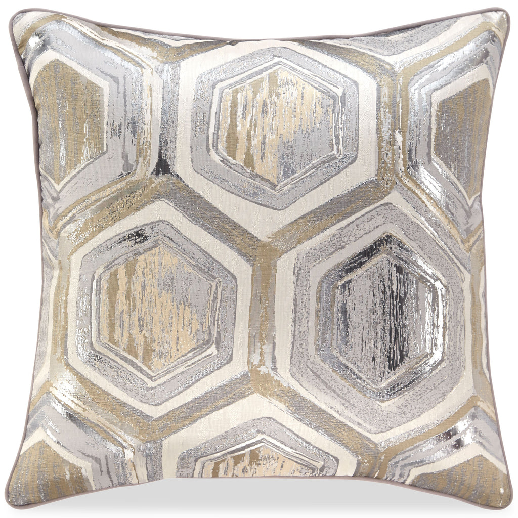 Dark gray geometric patterned decorative pillow with metallic sheen